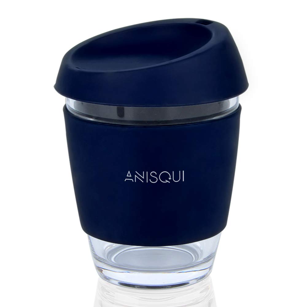 AniSqui Glass Travel Mug, 12oz 350ml Portable Coffee Cup with Lid (Navy)