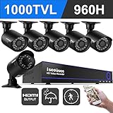 ISEEUSEE 8 Channel 960H DVR Home Security Camera Surveillance System With HDMI Ouput 6pcs Outdoor/Indoor Night Vision 1000TVL Cameras With No HDD