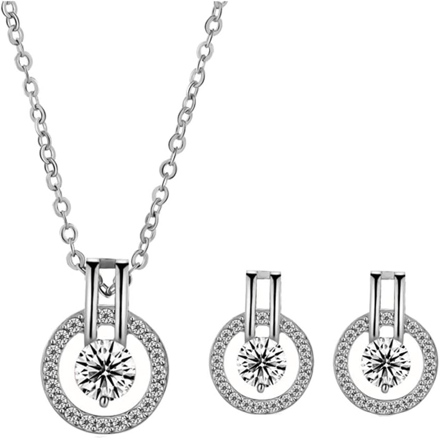 14K Gold Plated Halo with Solitaire Simulated-Diamond Necklace+Earring Set