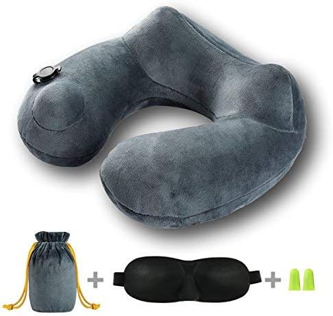 Inflatable Travel Pillow, ALPHA LATEX U-Shaped Neck Pillow for Airplanes Soft Velvet Comfortable Support Pillow with Ear Plugs Eye Mask and Drawstring Bag - Portable&Adjustable