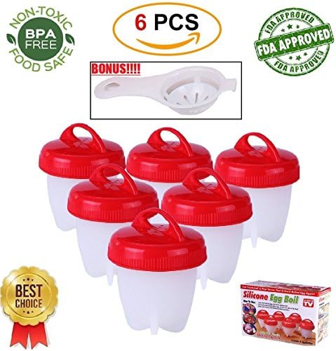 Silicon Egg Cooker - 6 Pack Non Stick Silicone, BPA Free Egg Poachers, Egg seperator included, Boiled Eggs Without Shell, Hard and Soft Maker - 6 Egg Cups As Seen on TV, Food Safe - Enjoy Breakfast