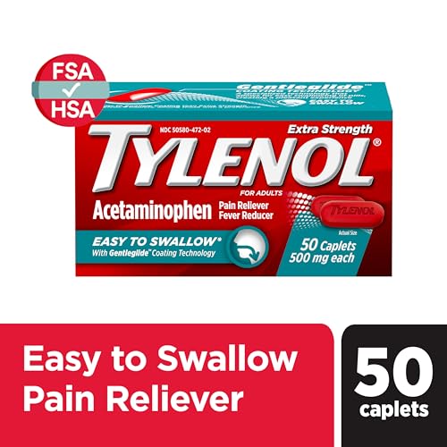 TYLENOL EXTRA STRENGTH EASY TO SWALLOW ACETAMINOPHEN, PAIN RELIEVER & FEVER REDUCER COATED CAPLETS FOR ADULTS WITH GENTLEGLIDE TECHNOLOGY, 500 MG EXTRA STRENGTH ACETAMINOPHEN, 50 CT