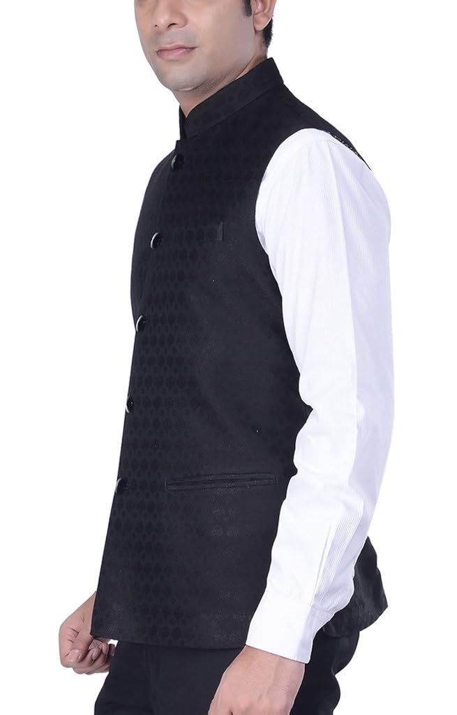 kisah men's woven cotton silk black nehru jacket