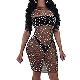 Multitrust Sexy Women Sequins See Through Mesh Bikini Swimsuit Cover up Dress Short Sleeve Swimwear Beach Cover-up (Black, L)