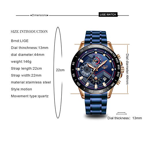 LIGE Relojes Hombre Moda Deportes Impermeable Analógico Cuarzo Acero Inoxidable Militar Azul Reloj Pulsera para Hombre - Imagen 8