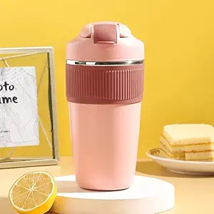 YELONA Macaroon 480 ML Double Wall Insulated Travel Coffee Tumbler Mug Sipper Thermos with 2in1 Flip Up Inbuilt Straw and Sip Lid, Leak Proof (Rough Powder)