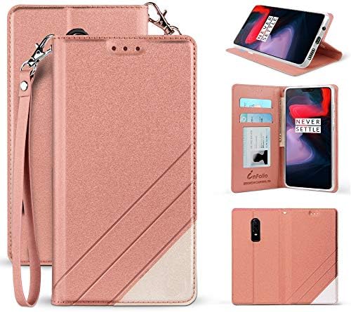 OnePlus 6 Case: Premium PU Leather Two Tone Flip Folio Credit Card Slot Wallet Case with Detachable Wrist Strap for OnePlus 6 2018 Release [Magnetic Closure & Free Emoji Keychain] (Rose Gold)