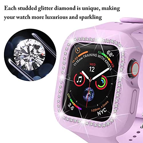 Henpone Smart Watch Bands with Case for Women Girl i-Watch Protect Band Compatible with Apple Watch Diamond Rhinestone Silicone Wristband Strap Series 5 4 3 2 1