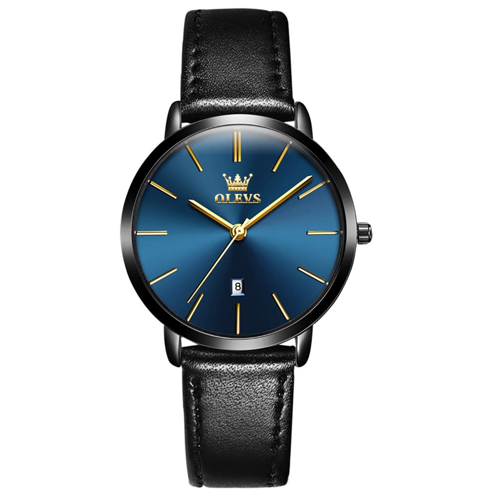 OLEVS Women Wrist Watches Ultra Thin 6.5mm Minimalist Business Dress Waterproof Date Black Leather Blue Face Strap Slim Watches for Women
