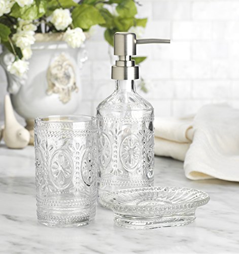 Classic Set of 3 Glass Bathroom ~Toothbrush Holder ~ Soap Holder ~ Soap Pump Lotion Dispenser (Clear)
