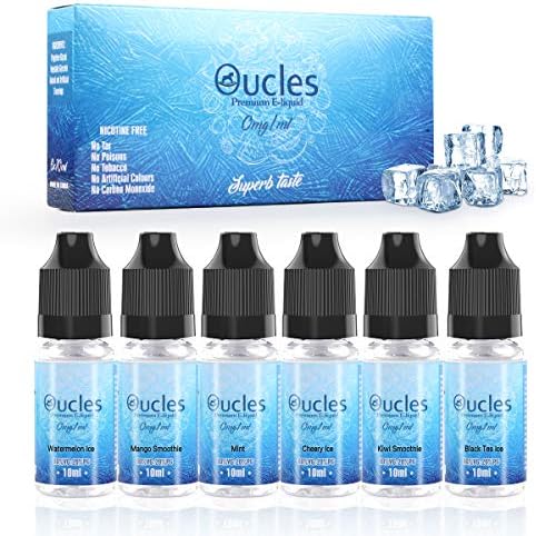 E Liquid E Juice, Oucles 6 X 10ml E Liquid Mixed Flavor|Mint|Kiwi Smoothie|Mango Smoothie|Watermelon Ice|Cherry Ice|Black Tea Ice|Made for Electronic Cigarette and E Shisha|Nicotine Free