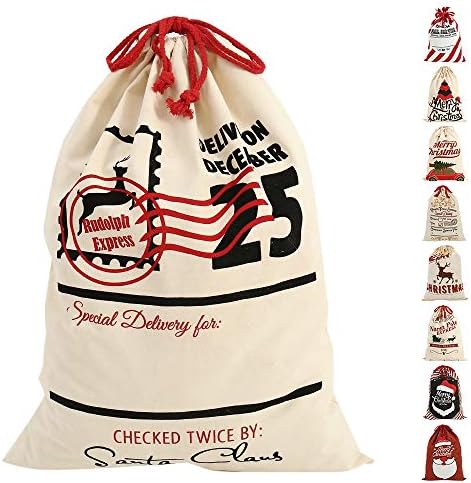 Christmas Santa Sack Vintage Heaaian Jute Xmas Gift Bags Personalised Stocking Burlap Gift Drawstring Wrap Reusable Multiple Patterns Large Size (08)