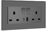 BSEED 2 Gang UK Socket with USB C and USB A Charging Ports Grey