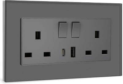 BSEED 2 Gang UK Socket with USB C and USB A Charging Ports Grey