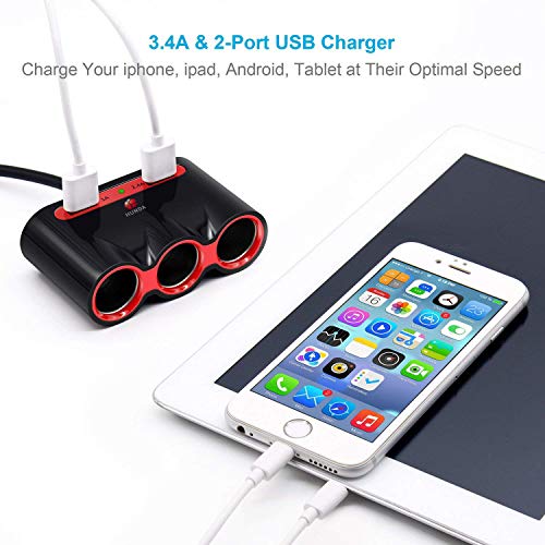 Cigarette Lighter Adapter, 120W 3-Socket Car Cigarette Lighter Splitter 3.4A Dual USB Car Charger Adapter DC 12V/24V Outlet Multi-Functions Car Splitter for iPhone iPad Samsung GPS Dashcam