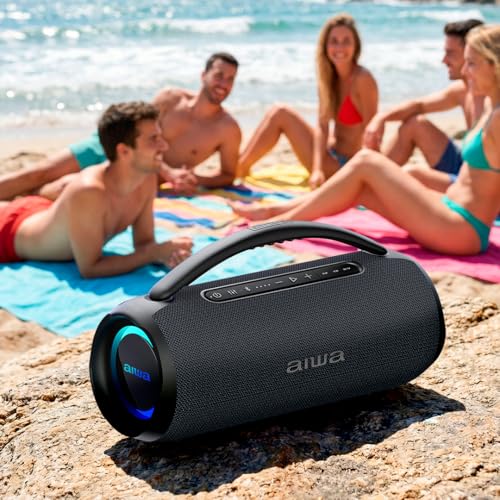 Aiwa AWQ680 Bocina Bluetooth Portátil de 30W RMS con Luces LED, Resistente al Agua IPX5, Función TWS, Bluetooth 5.3, USB hasta 32GB, Radio FM y Entrada AUX, Color Negro