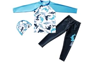 Digirlsor Kids Boys Two Piece Rash Guard Swimsuit Bathing Suit Long Sleeve Sunsuit Swimwear Set with Cap 2-10 Years