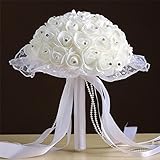 Paymenow Fake Bouquet Ribbon Beaded Lace Pearl Wire Rose Bouquet Egg Flower Bridesmaid Wedding Bouquet Bridal Artificial Silk Flowers (E)