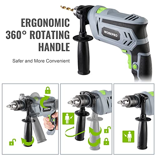 WORKPRO 850W Hammer Drill, Electric Drill with Cable, Impact Drill with 360° Rotating Handle, 3000 RPM, Variable Speed Button