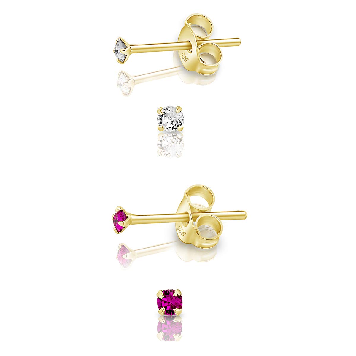Small Solitaire Stud Earrings Set of 2 Pairs 925 Sterling Silver Gold Plated 24K - Tiny Gold Studs 2 mm - Minimalist Sparkle Stud Earrings with Fuchsia and Clear Crystals