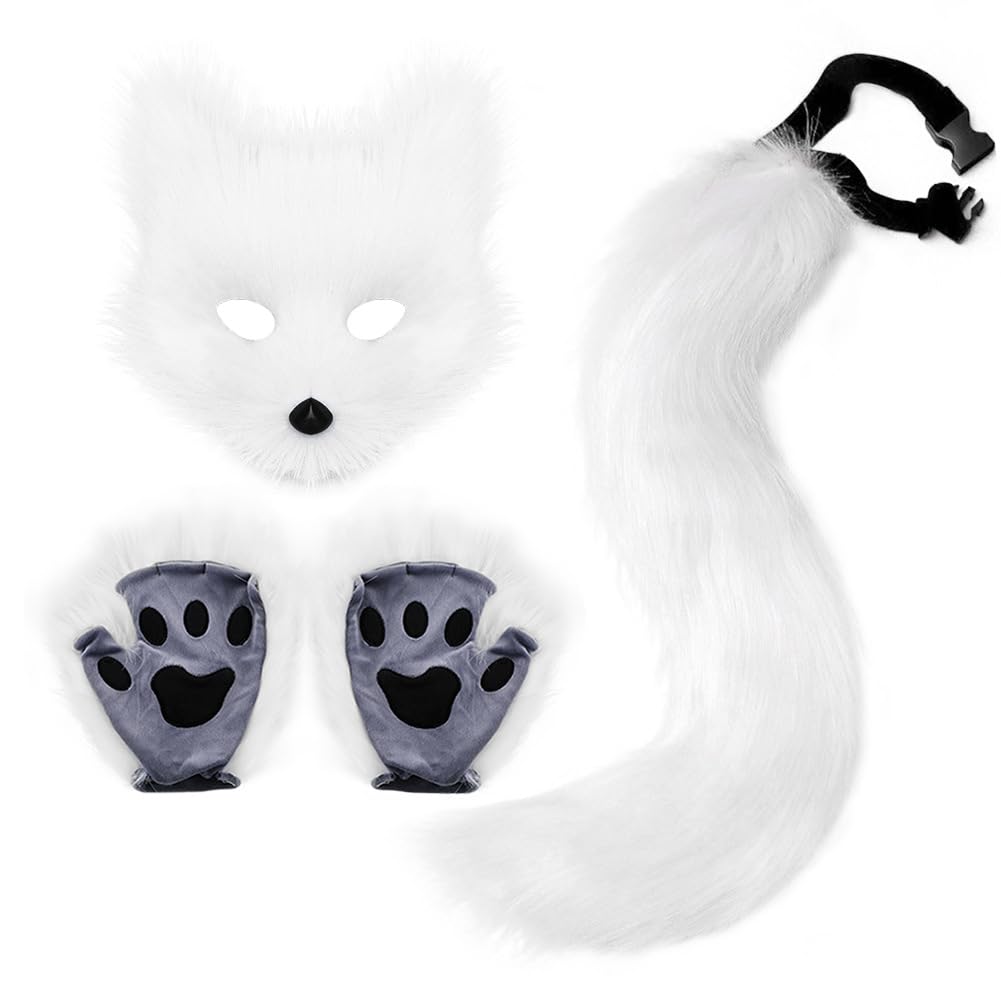 DRESHOW Faux Fur Fox Tail Fluffy Cat Wolf Cosplay Costume Plush Mask Paw Gloves Set Halloween Christmas Party for Women — image 1