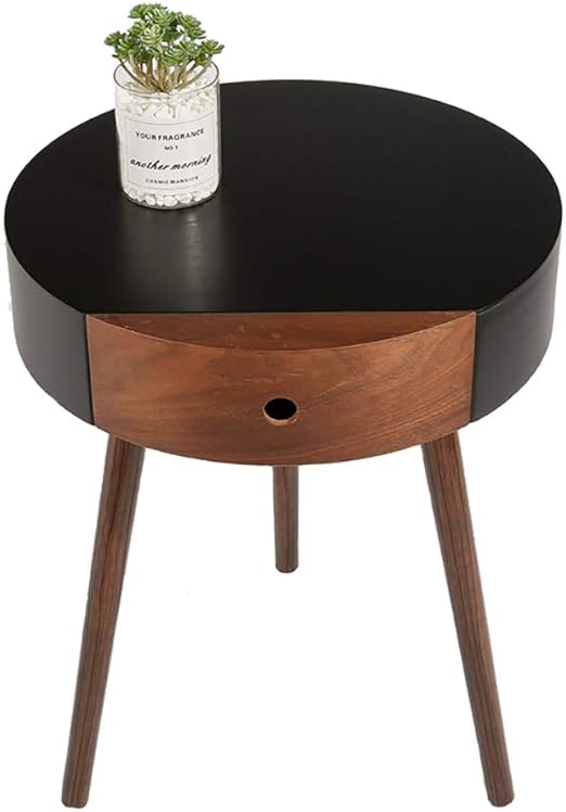 Amazon Com Nordic Side Table Vintage Round Nightstand With Drawer 23 Height Solid Wood Compact End Table For Bedroom Convenient For Storage Easy Assemble