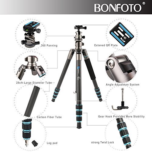BONFOTO Carbon Fiber 57.6" B674C Lightweight Portable Compact Travel Tripod and Monopod with 360 Degree Ball Head + 1/4" Quick Release Plate + Carry Bag for Canon Nikon Sony DSLR Cameras