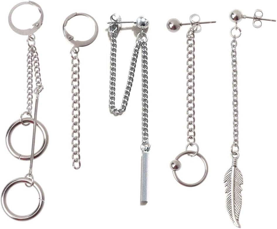 zijianZZJ Earrings, 5Pcs Titanium Steel KPOP Boy Album Tassel Chain Drop Earrings Kit Korean Jewelry For Women and Girl -(As the picture shown)