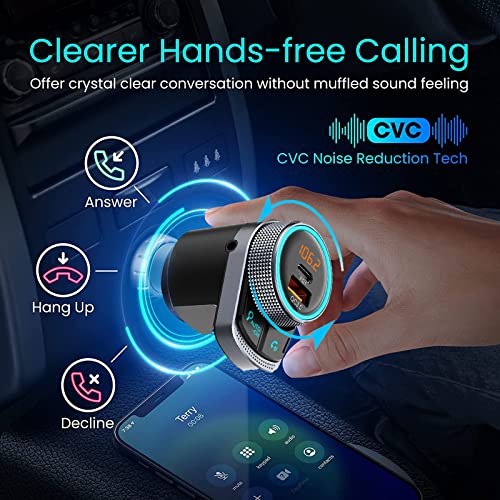 C80 Bluetooth FM Transmitter for Car, Bluetooth 5.0 Car FM Transmitter, MP3 Music Player, Wireless Radio Transmitter Adapter Car Kit, Hands Free Calling, QC3.0 & PD Ports Charger, LED Backlit