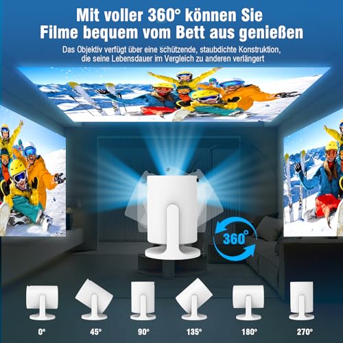 Portable Mini Projector 4K with WiFi 6 and Bluetooth, Small Projector for Travel, 360° Rotating Base, Power Bank Connection and Mobile Phone Pairing, Ideal for Home Cinema and Portable Projector 4K