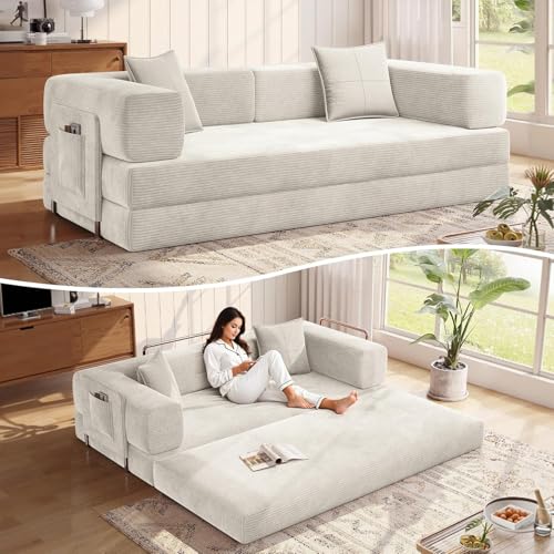 Convertible Folding Couch Bed, Comfy Corduroy Sleeper Floor Sofa Bed with Fixed-Shape Frame, Floor Sofa with Armrest, Lounge Couch for Living Room Bedroom Lounge Studio (Light beige, 150CM) | boneless couch