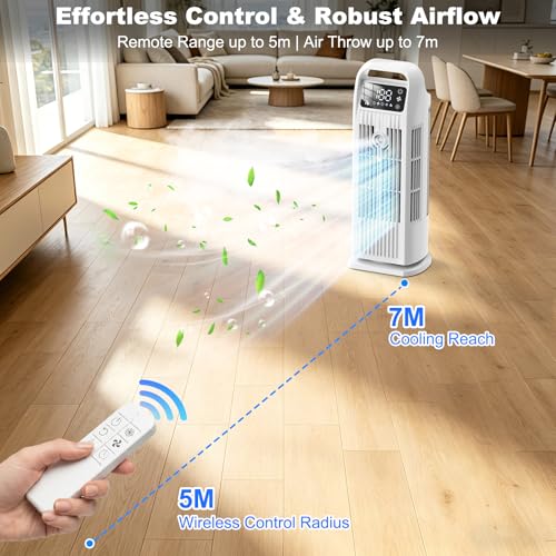Portable Air Cooler, 4 in 1 Air Conditioner 1200ML Evaporative Air Cooler with Remote Control, 120° Oscillating 4 Speeds 12H Timer Mist Spray Tower Fan for Home Office（White）