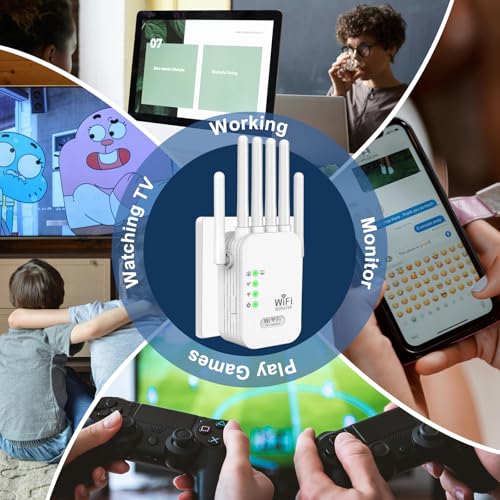 WiFi Repeater,WiFi Extender Signal Booster,1200Mbps,5G/2.4G Dual Band WiFi Extender with Ethernet Port,9800 sq ft Coverage,Supports 50+ Devices,Repeater/AP Mode,Six Antennas,WPA2,One-touch Setting