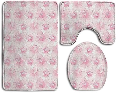 Bath Mat,3 Piece Bathroom Rug Set,Cherry Blossoms Art Flannel Non Slip Toilet Seat Cover Set,Large Contour Mat,Lid Cover For Men/Women