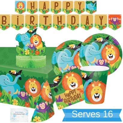 Jungle Safari Party Supplies and Decorations - Jungle Safari Party Plates and Napkins Cups for 16 People - Includes Jungle Safari Birthday Banner, Tablecloth and Centerpiece - Perfect Safari Birthday Party Decorations!