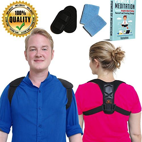 Upper Back Support Posture Corrector for Women and Men by VONATOS - Breathable, Sweat Wicking Clavicle Brace Fixes Bad Shoulder Alignment at Work + Bonus Wrist Bands and eBook on Improving Lifestyle