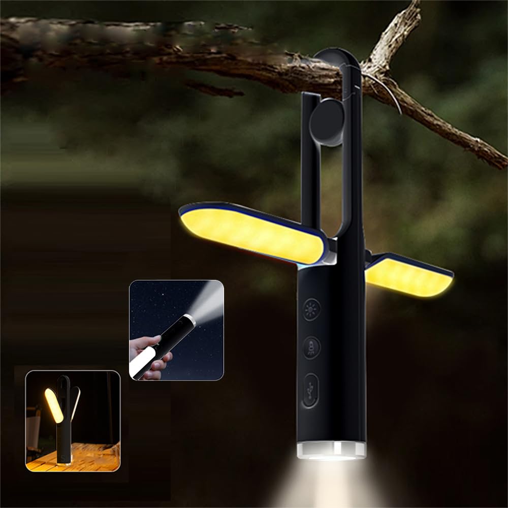 YZYOE 2-in-1 LED Rechargeable Multifunctional Camping Light Flashlight, with Hook and Extendable Cross Shaped Flashlight, Outdoor Portable White Light and Warm Light and Red Lamp.