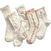 5 Pairs White Cute Socks, Women's Lace Ruffles Ankle Casual Sock, Cottagecore Breathable Mid Tube Socks, Floral Crew Socks