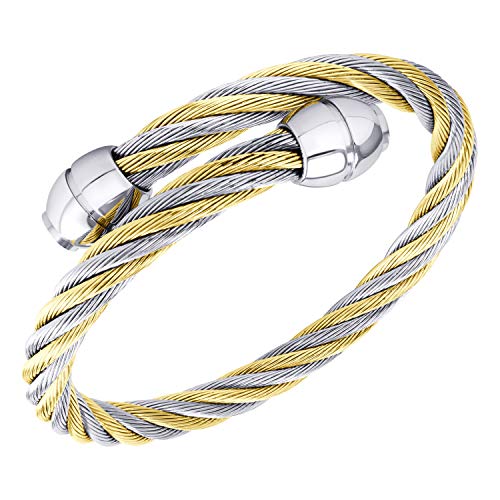555Jewelry 2 Tone Adjustable Twisted Cable Bracelets for Women, Wire Bracelets For Women, Wire Bangle Bracelet, Cable Bracelet for Women, Silver & Gold - Bead Endings — image 1