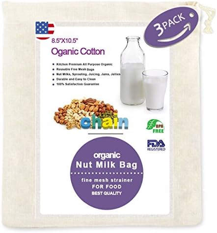 Nut Milk Bag Strainer for Foods, Kitchen PREMIUM All Purpose Organic Pro Quality Reusable Fine Mesh Cheesecloth with Drawstrings, Canning, Sprouting and More (Cotton, 8.5"X10.5")
