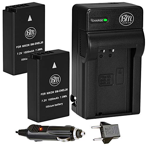BM Premium 2 Pack of ENEL20, EN-EL20A Batteries and Battery Charger for Nikon Coolpix P950, P1000, P1100, DL24-500, Coolpix A, 1 AW1, 1 J1, 1 J2, 1 J3, 1 S1, 1 V3 Digital Camera