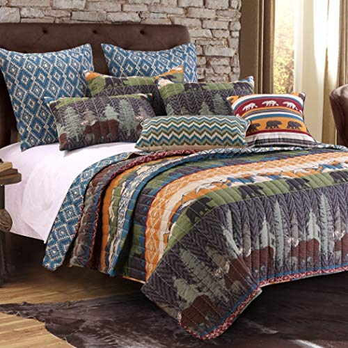 3 Piece Beautiful Blue Green Orange Grey Full Queen Quilt Set, Rustic