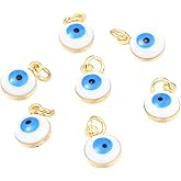 BEEFLYING 50pcs Evil Eye Charms Alloy Enamel Real 18K Gold Plated Charms Lucky Turkish Eye Pendants for DIY Jewelry Making Women Bracelet Necklace Earring (White)