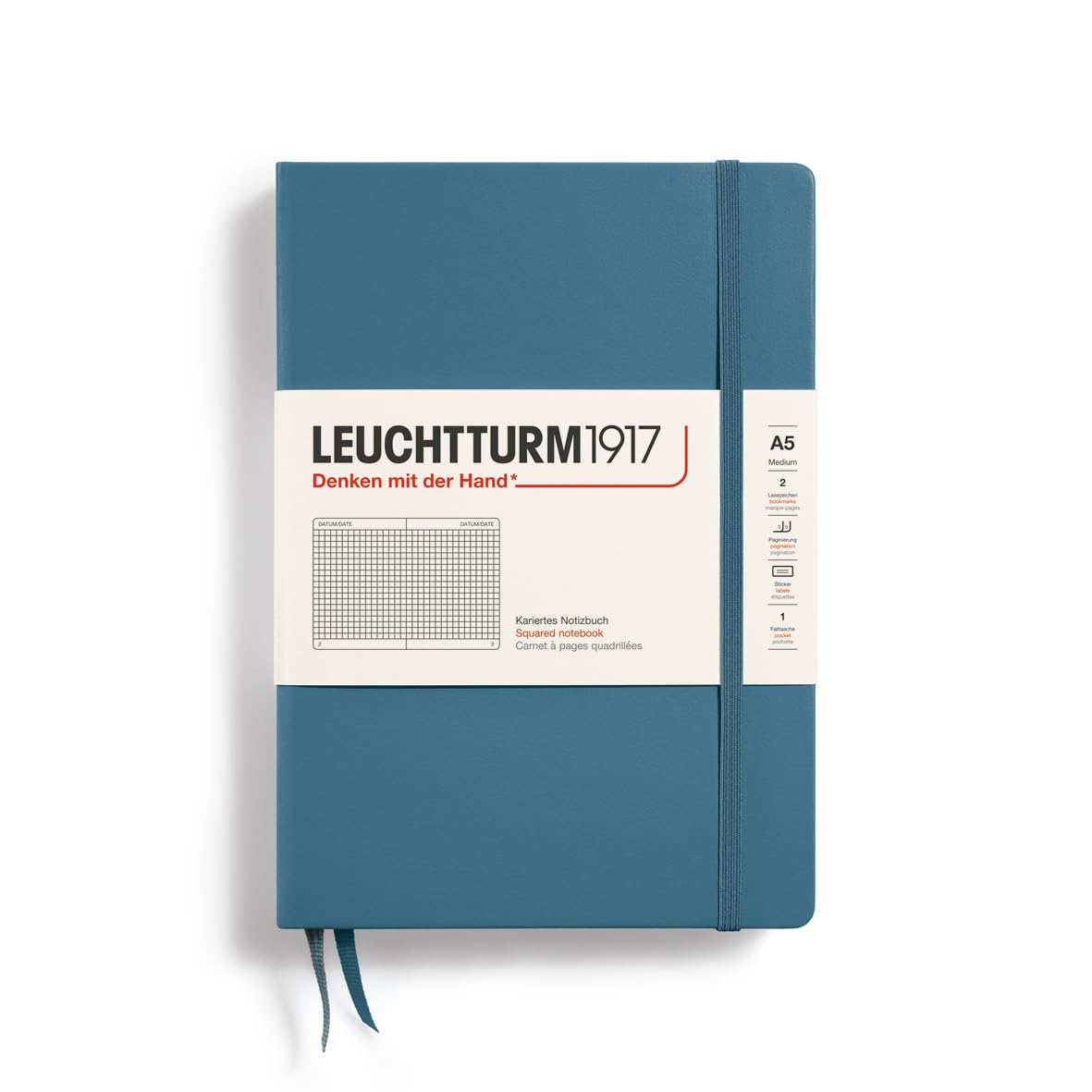 LEUCHTTURM1917 Notebook Medium (A5), Hardcover, 251 Numbered Pages Stone Blue, Squared