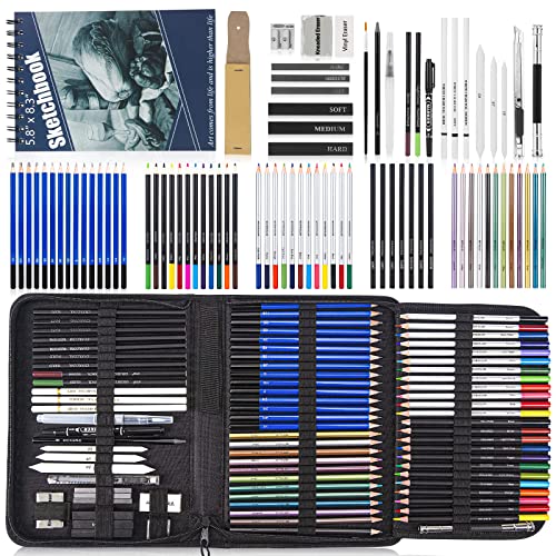 84 Pack Drawing Pencils Set with Sketchbook & Charcoal, Graphite