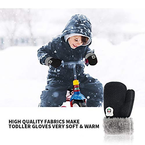 ORVINNER 3 Pairs Toddler Gloves Baby Boys Girls Winter Warm Sherpa Lined Knit Gloves Kids Mittens Black/Grey/Navy Pack - Thumbnail 3