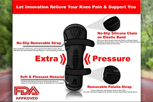 Knee Brace Compression Sleeve with 2 Support Straps for Meniscus Tear, Arthritis, ACL, Running Recovery for Men & Women (Black, Medium)