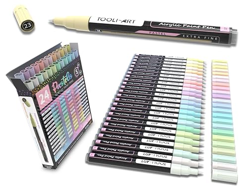 TOOLI-ART 24 acrylic pastel paint markers with extra fine 0.7mm tip for painting on rock, glass, wood, metal, canvas, details, non-toxic, quick drying.