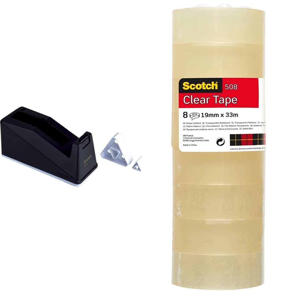 Scotch Desk Tape Dispenser - 1 C10 Scotch Weighted Dispenser Holding Tape up to 25 mm Wide and 66 m Long Black & Transparent Tape 508 - 8 Rolls - 19 mm x 33 m - General Purpose Clear Tape