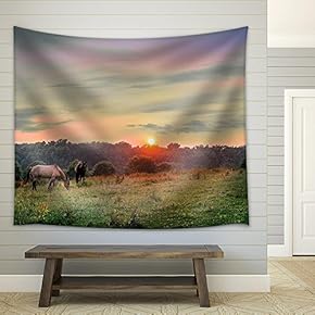 Horses Grazing on a Maryland Pasture at Sunset - Fabric Wall Tapestry Home Decor - 51x60 inches